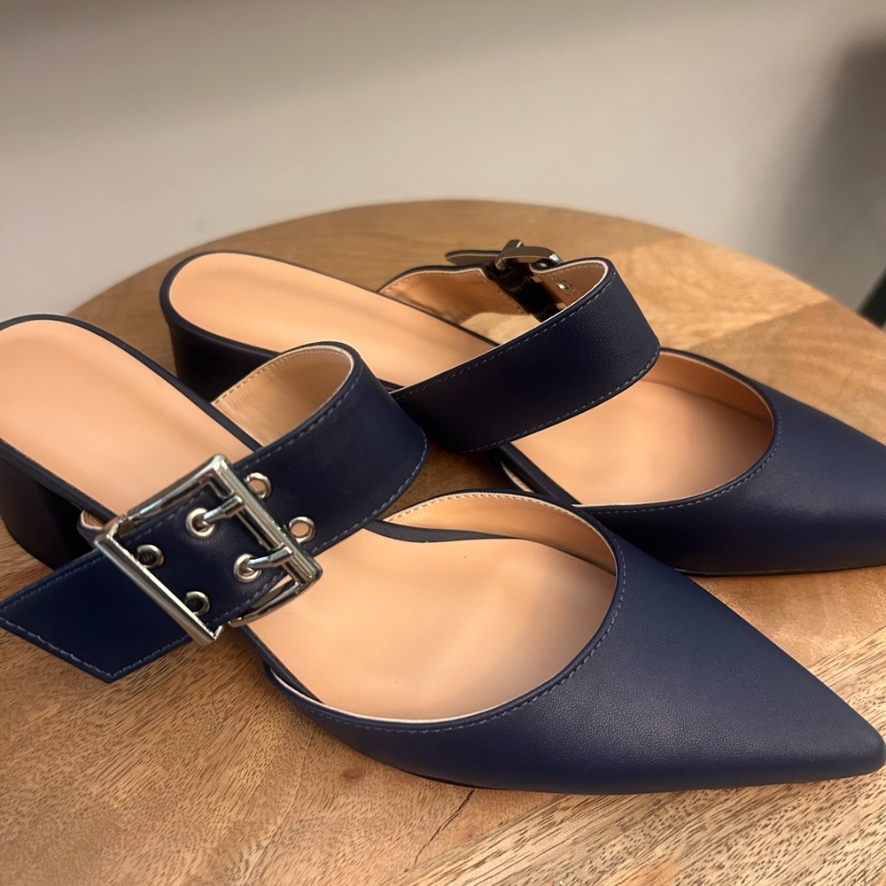 New Women’s Mules adjustable strap pointed toe navy blue slide sandals 2inch